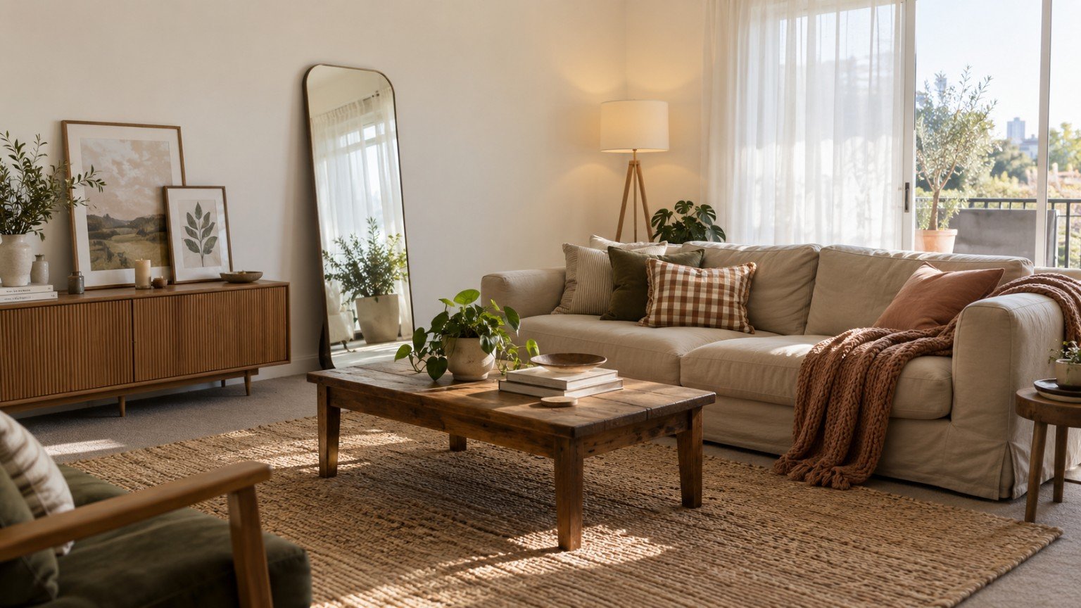 Rental living room styled on a budget with removable decor and layered textiles