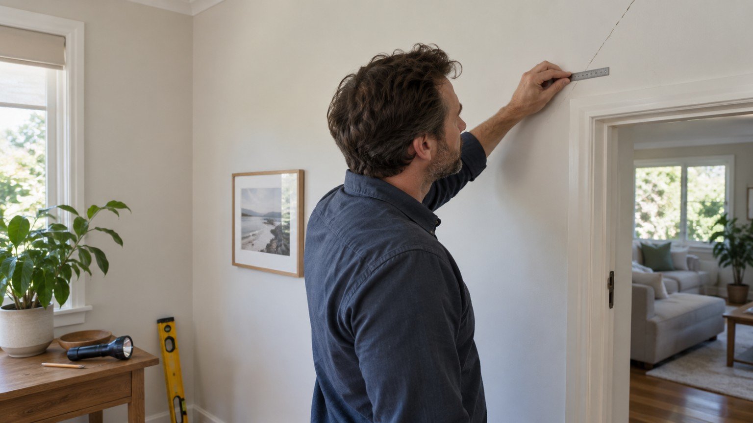 Hairline crack in an internal wall being measured with a ruler