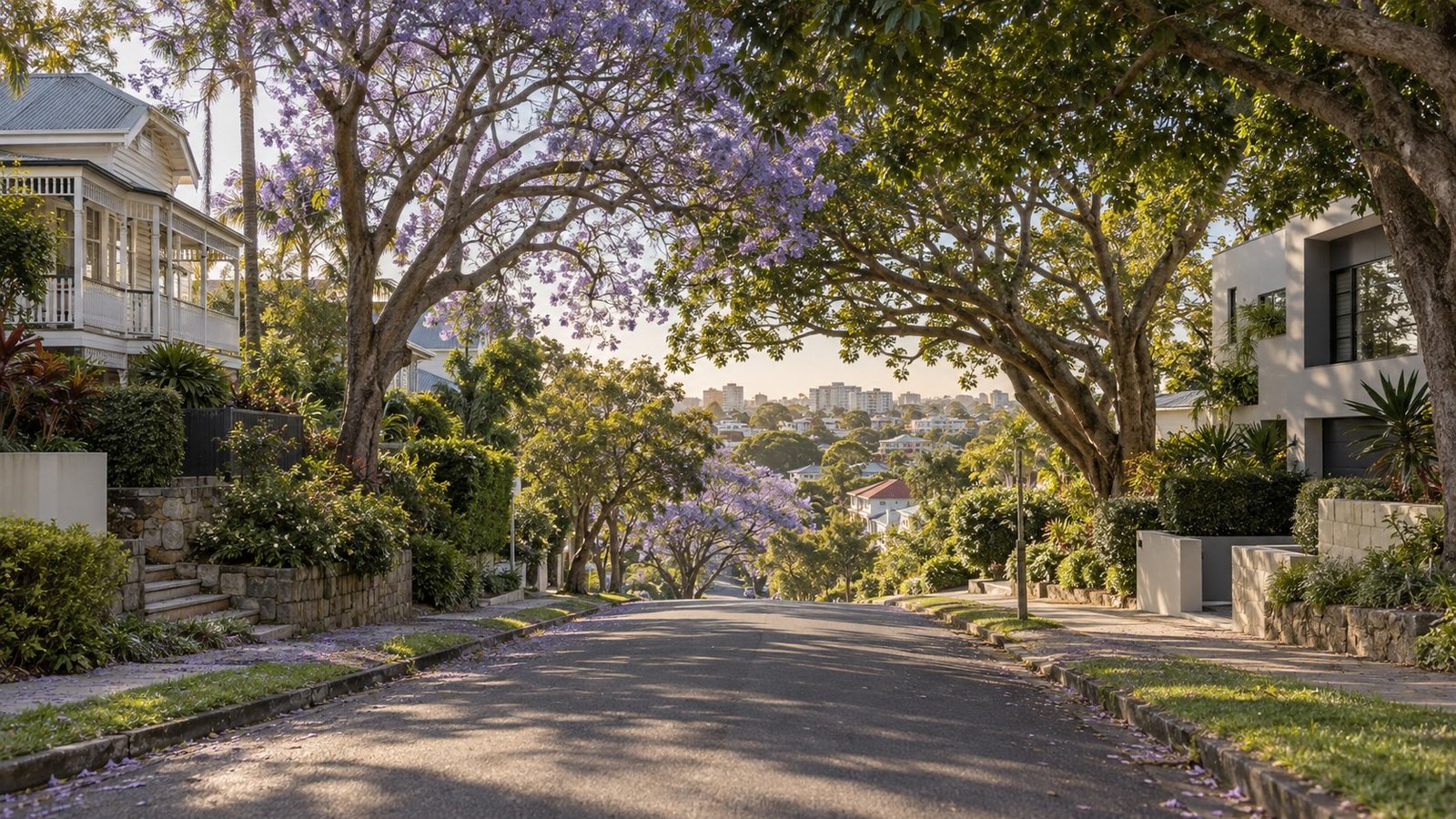Leafy hillside street of character and contemporary homes in inner-west Brisbane
