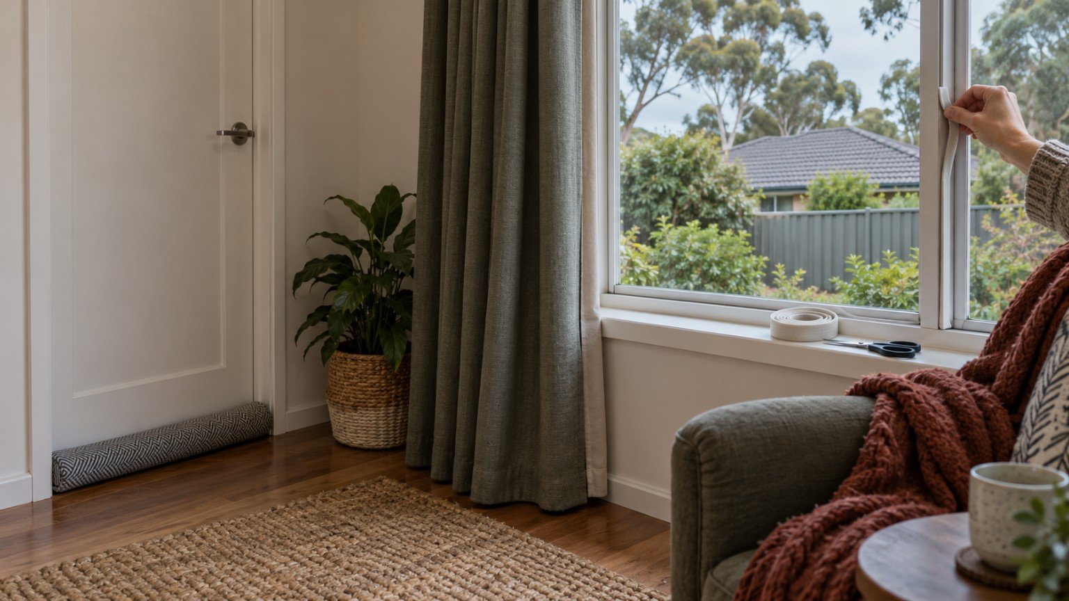 Draught excluder at a door base and heavy curtains sealing a room for winter