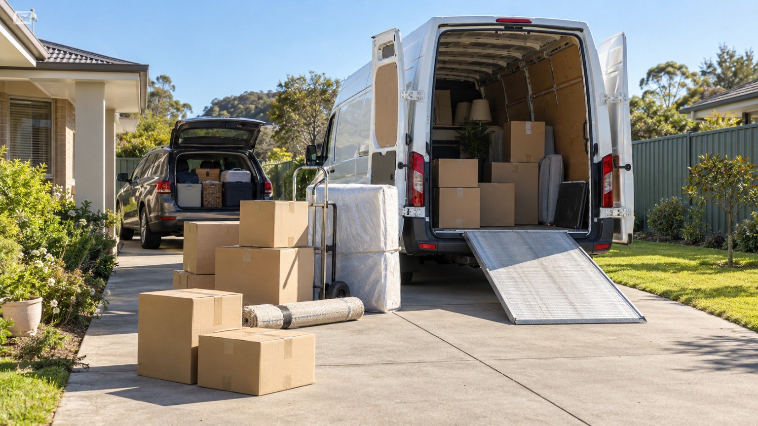 Packed moving boxes loaded into a van in a driveway before an interstate move