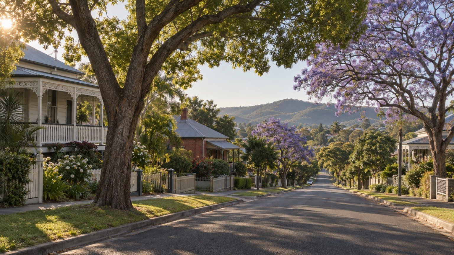 Established Ipswich street of traditional Queenslander and brick homes with mature trees and low green ridges beyond