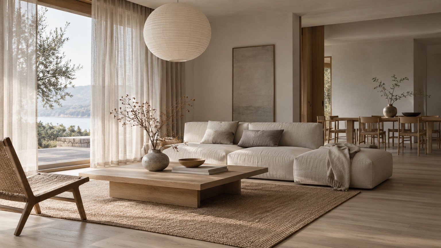 Japandi style living room with timber, linen and muted natural materials