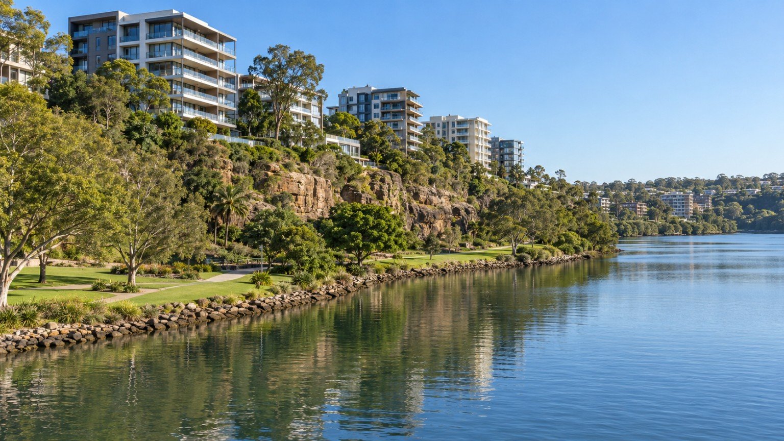 Riverside cliffs and apartment buildings on a Brisbane River peninsula with parkland below