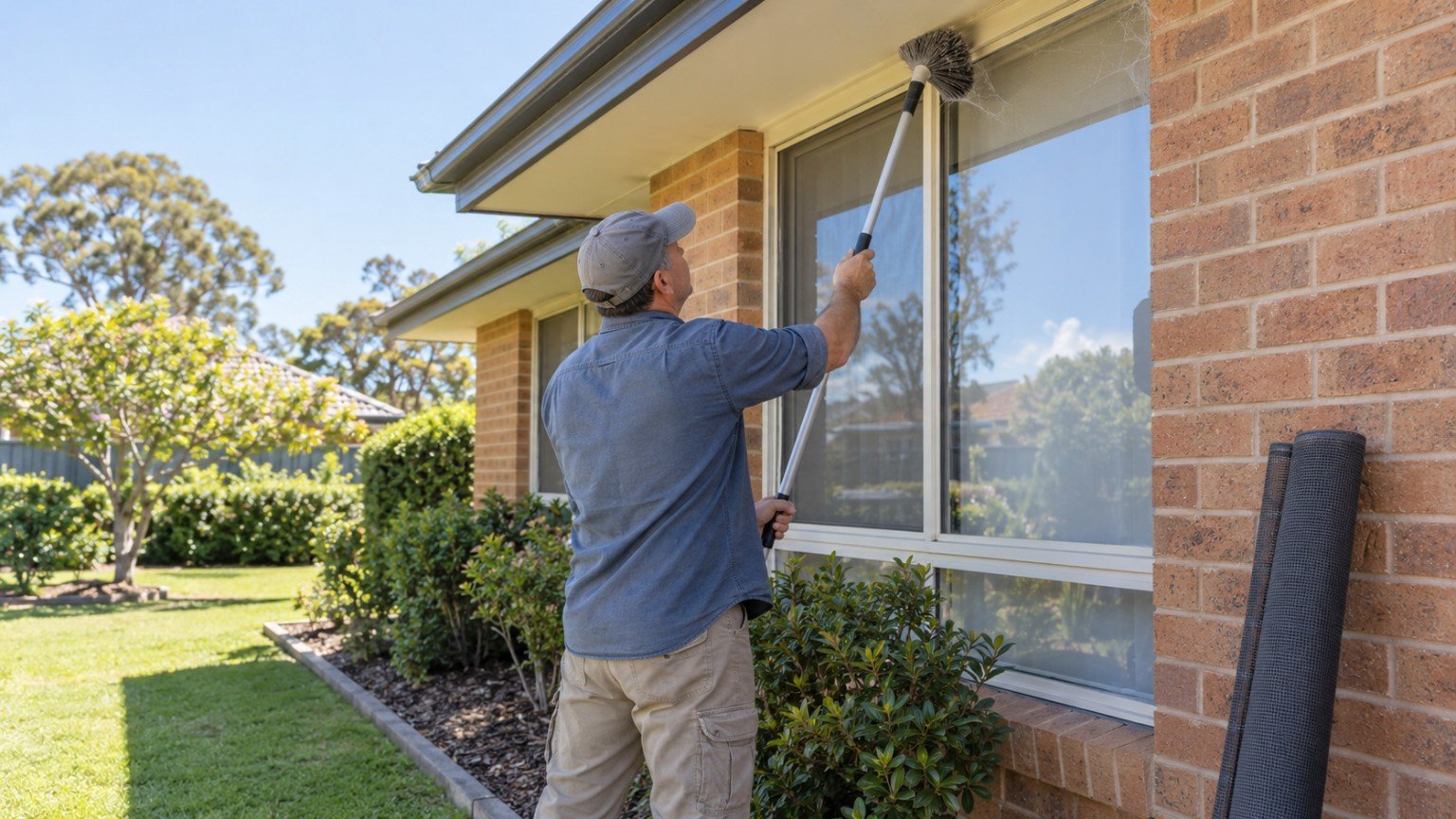 Cobwebs being brushed away from external window frames and eaves