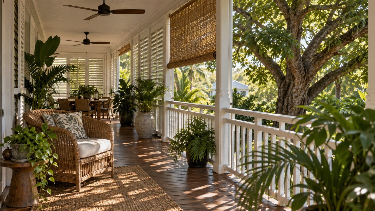 Shaded Queenslander verandah with ceiling fans, louvres and mature garden shade
