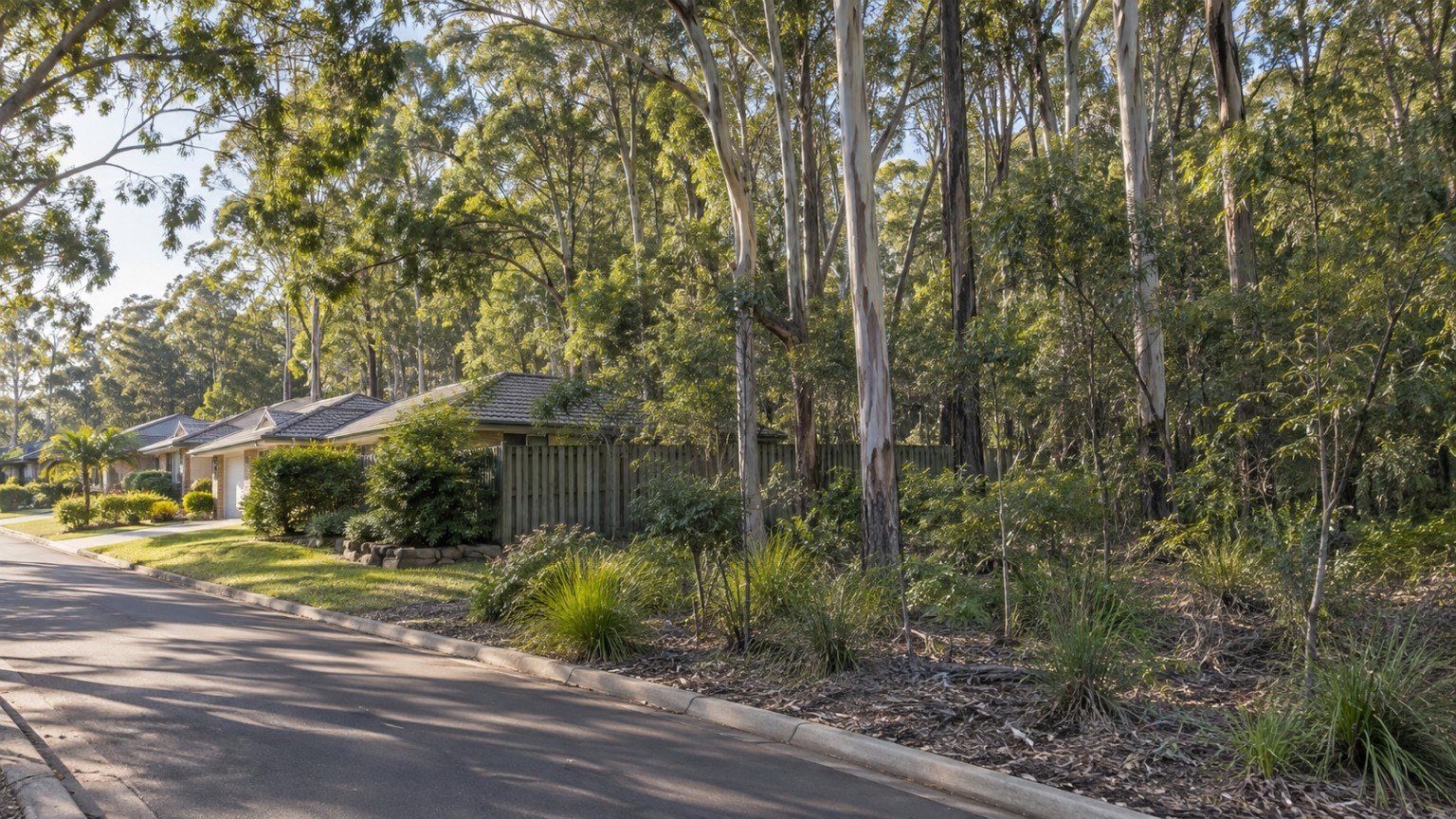 Tall eucalypt bushland corridor adjoining a Queensland residential street
