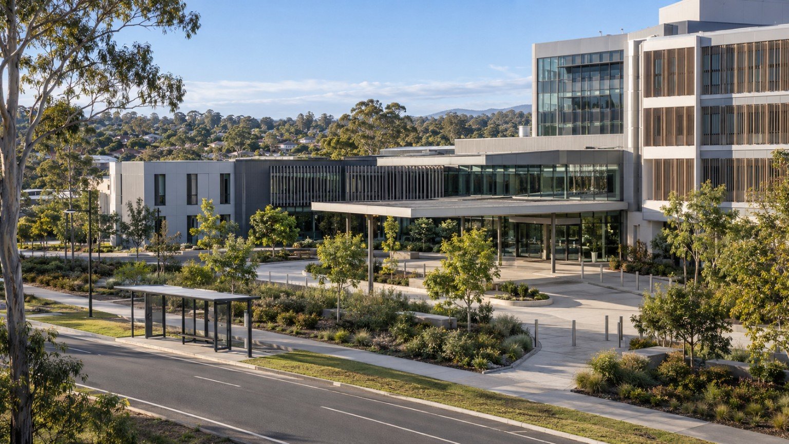 Contemporary health and education precinct buildings with landscaped grounds and transport access in the Logan region