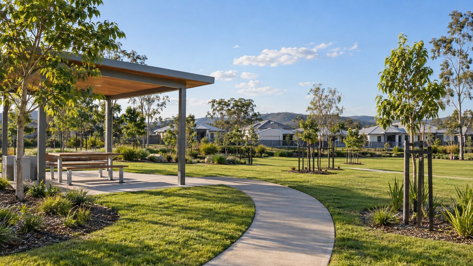Neighbourhood park with pathway, shelter and open lawn in a growing Logan community