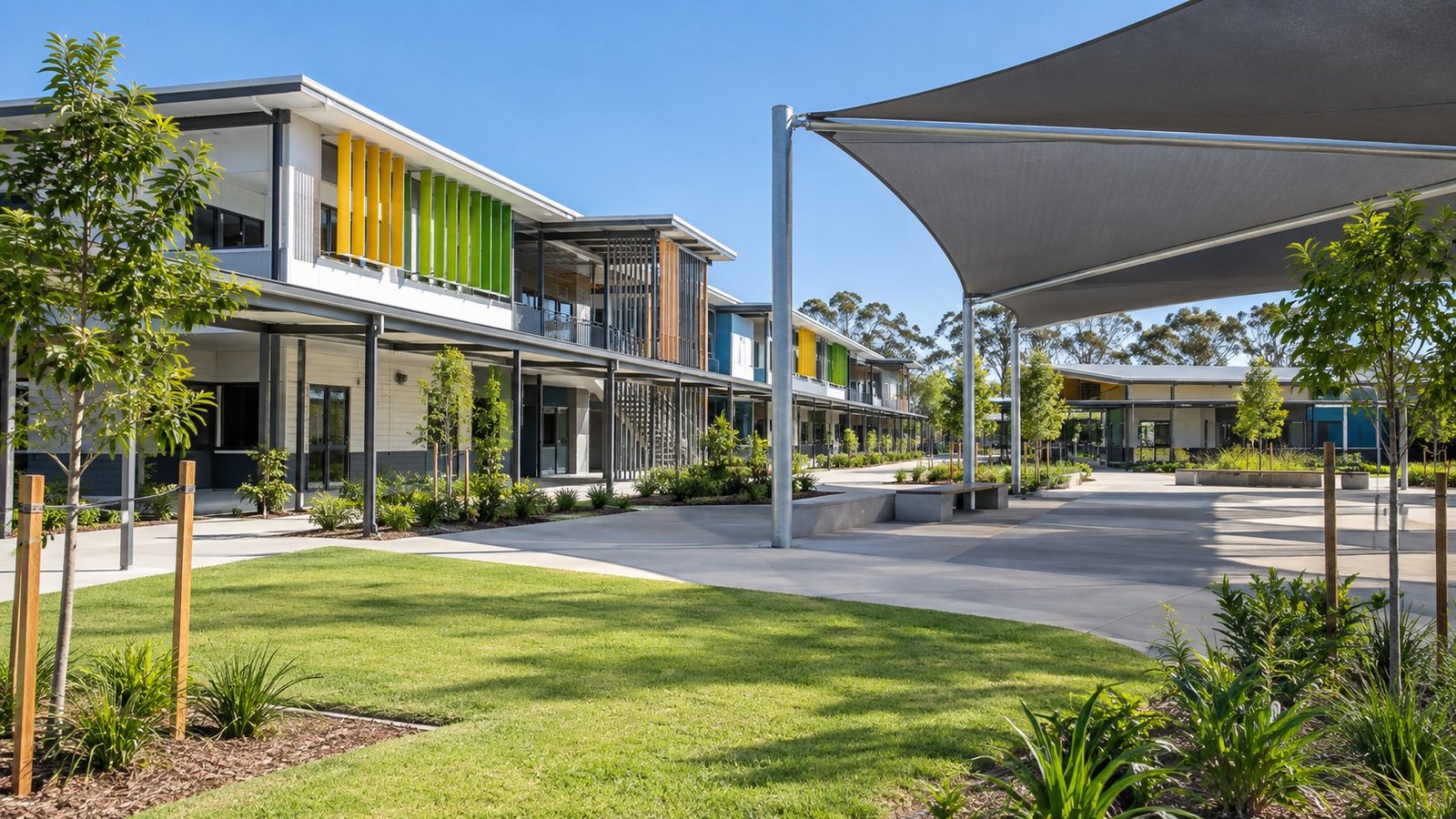New Queensland state school buildings with shaded outdoor learning areas