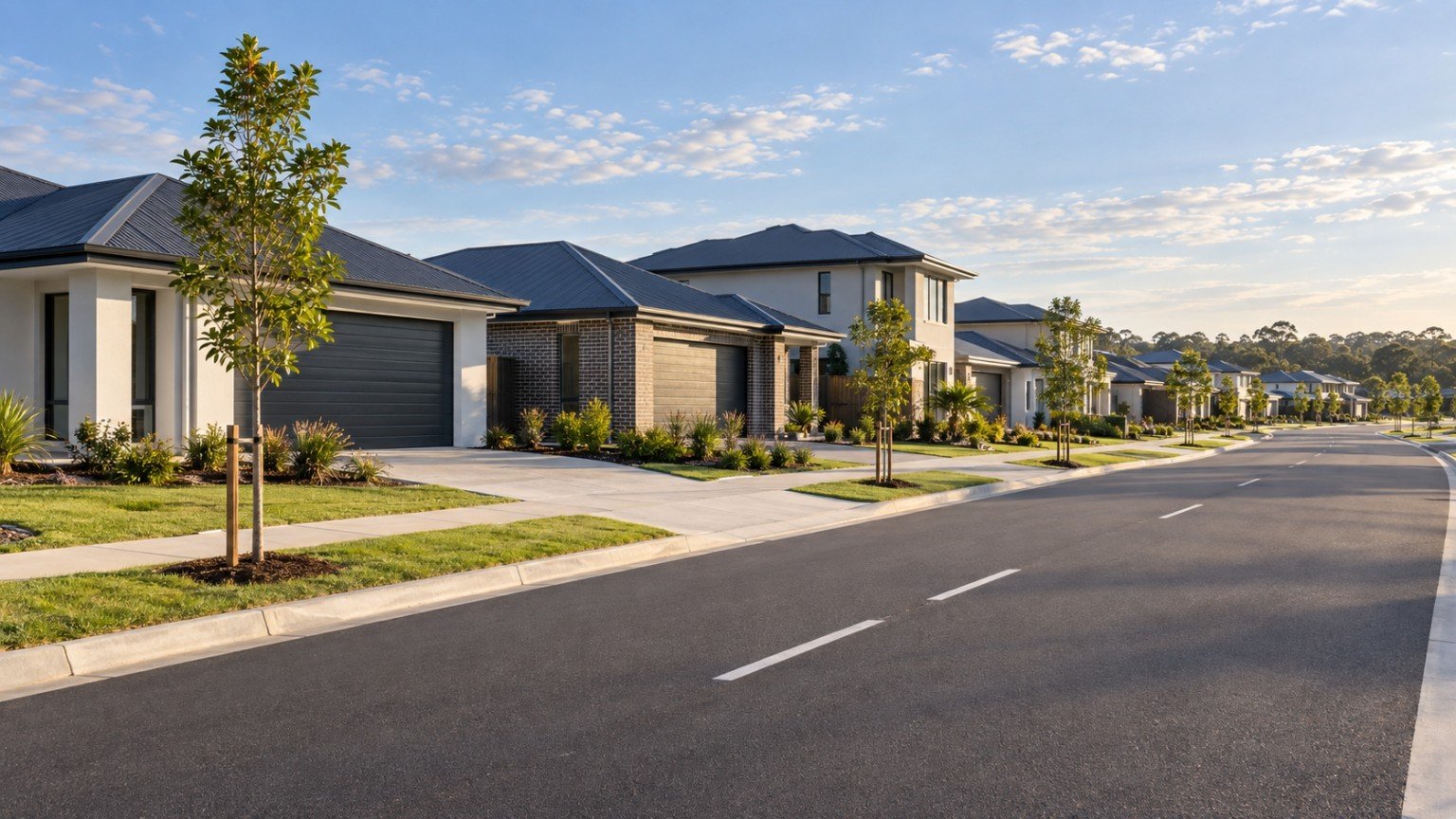 Newly built family homes and wide streets in a growing Logan suburb
