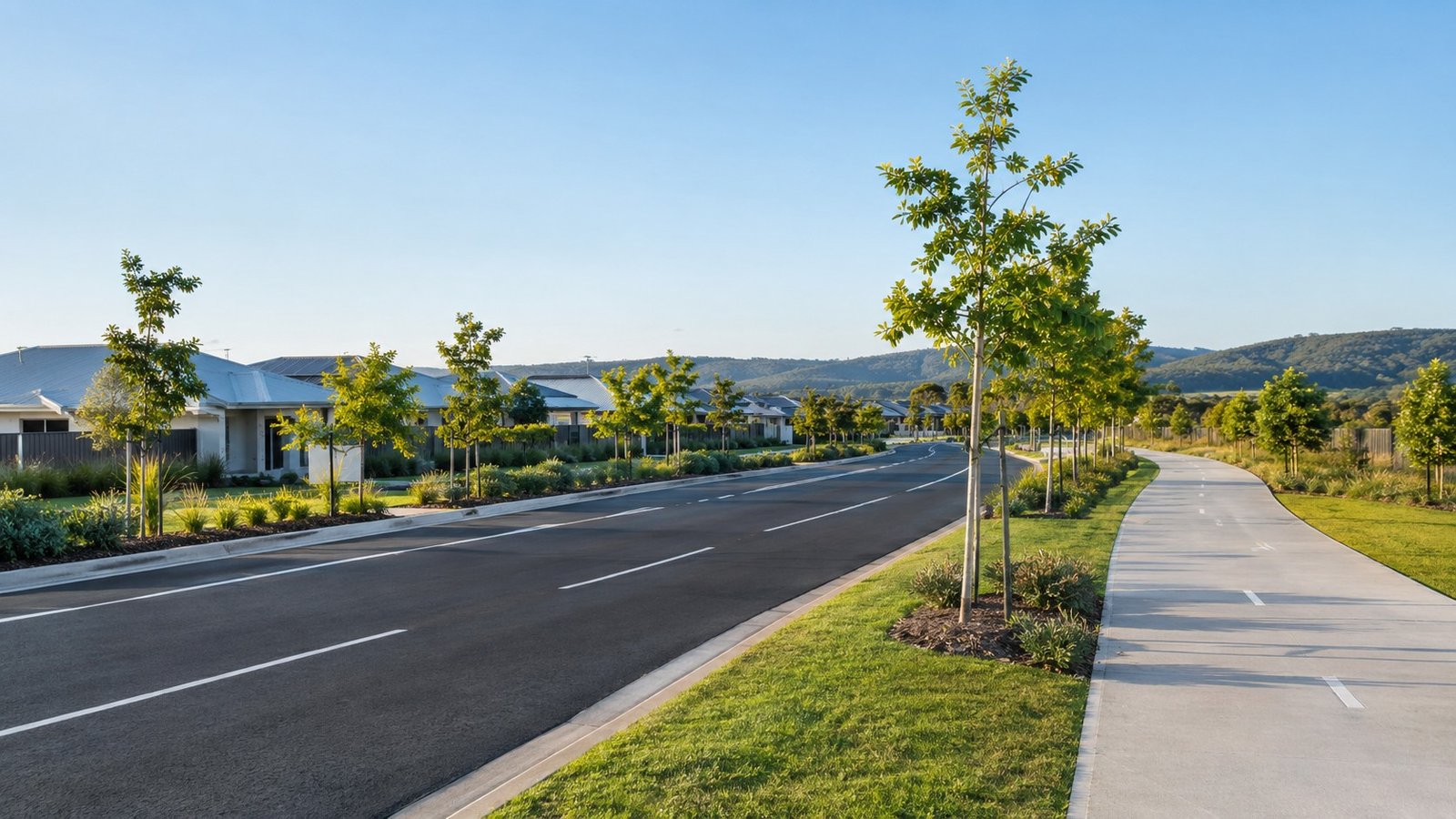 Upgraded suburban road corridor with a separated shared path in a growing Logan area