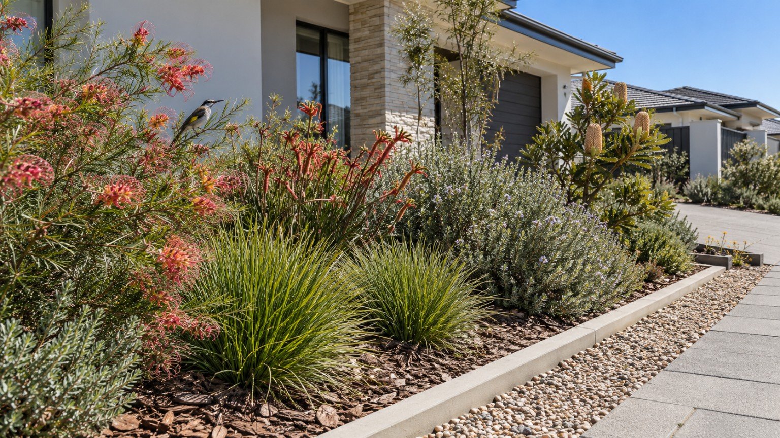Australian native garden bed with grevillea, kangaroo paw and lomandra