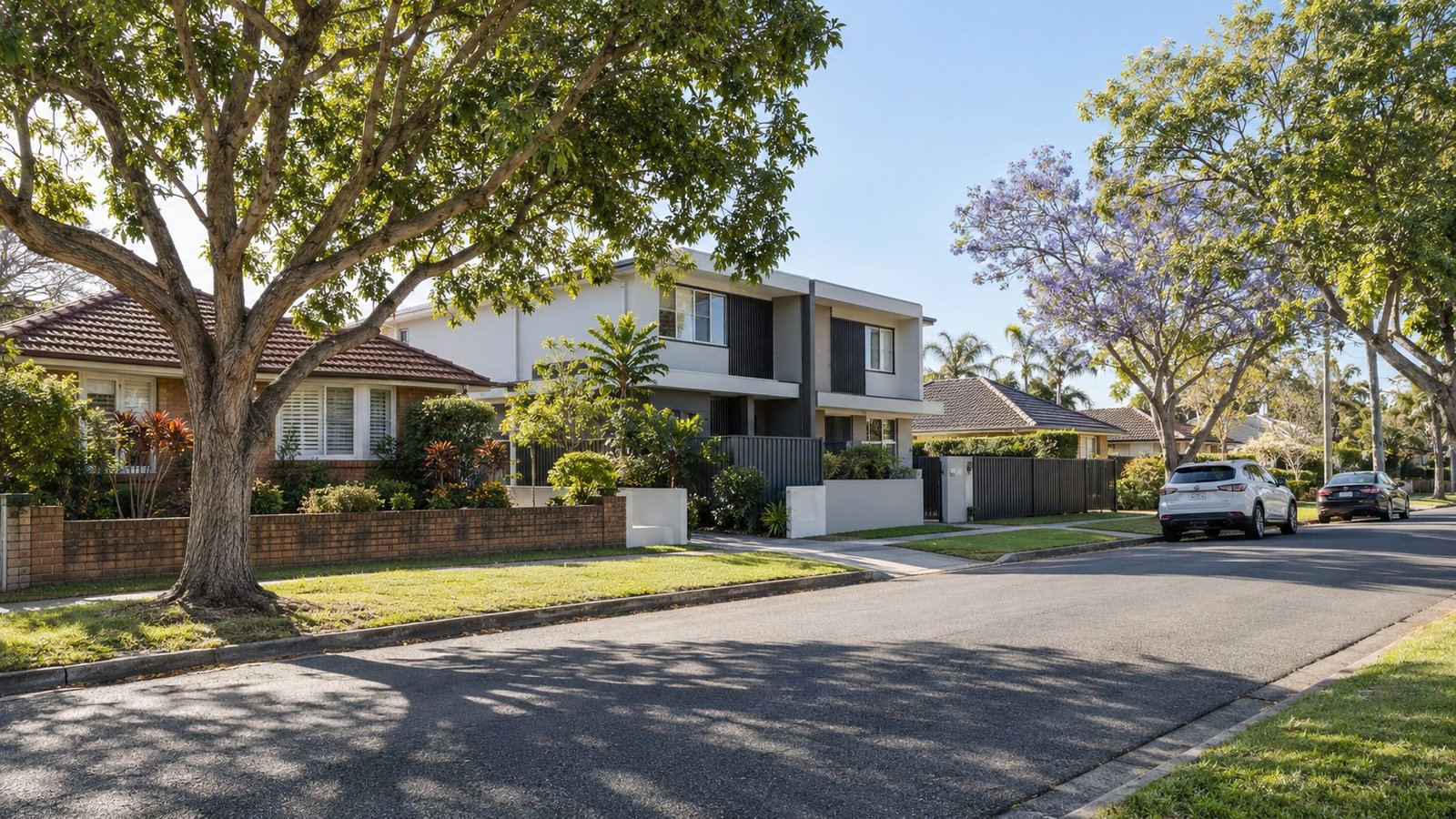 Established brick homes beside a new duplex infill development in a Logan suburb