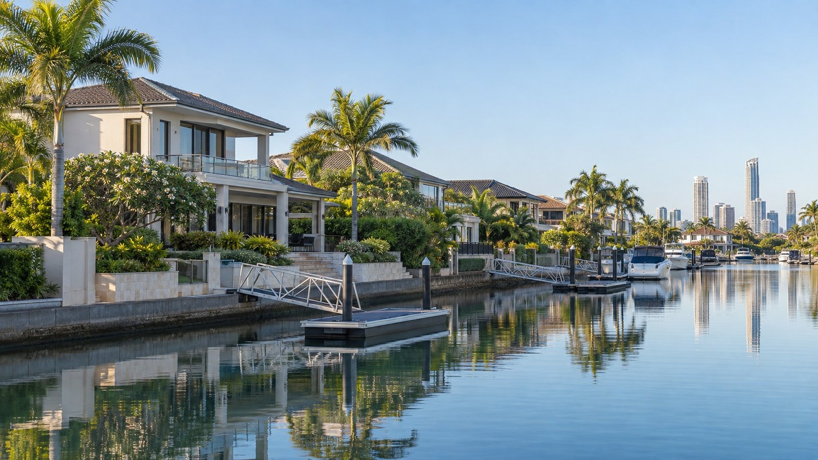 Established canal-side Gold Coast street with contemporary homes and subtropical landscaping