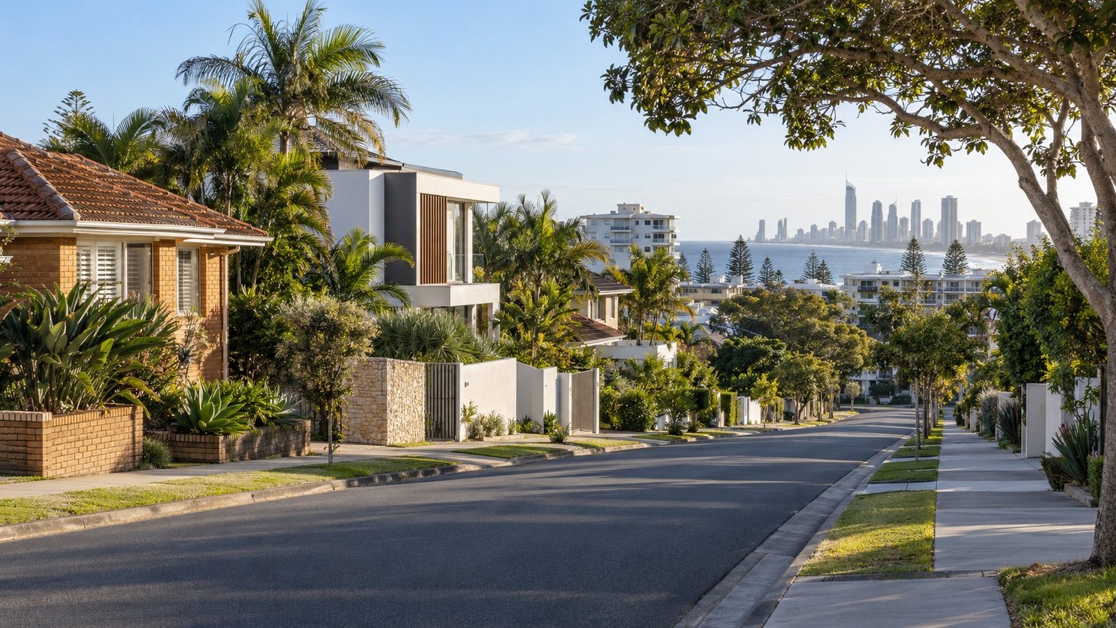 Gold Coast beachside residential street mixing older homes with contemporary low-rise development