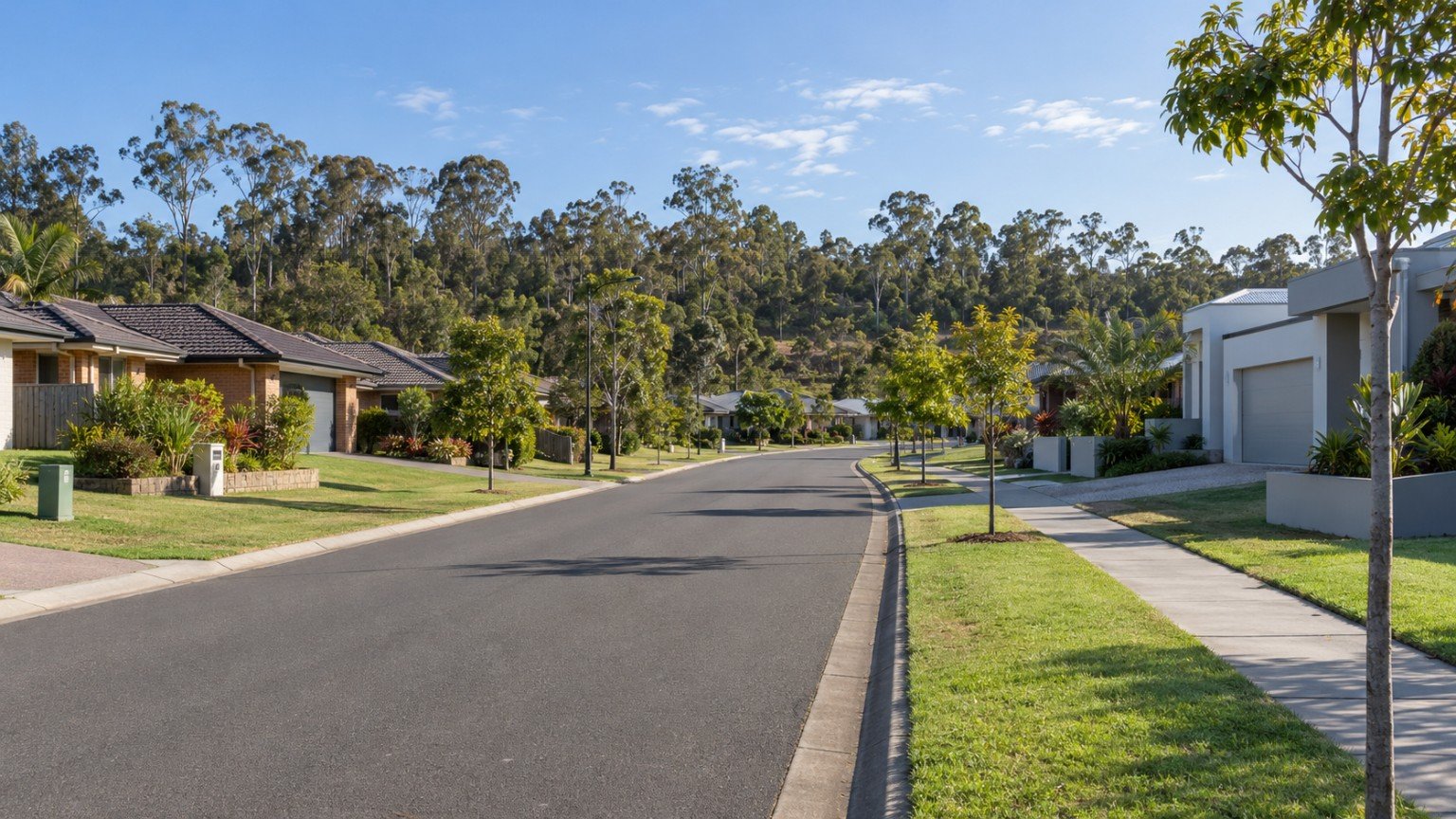 Moreton Bay suburban street mixing established and newer family homes with broad roads and green corridors