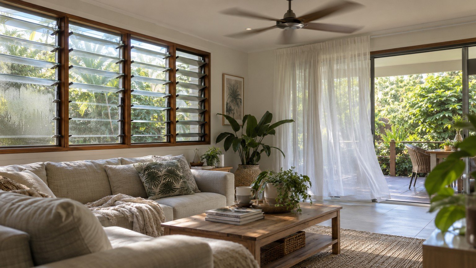 Louvred windows open for cross-ventilation in a humid Queensland home interior