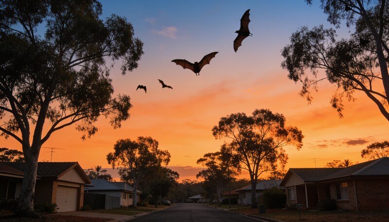 Flying foxes silhouetted in flight at dusk over a quiet Queensland suburban street