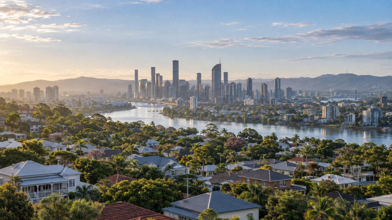 Elevated view over Brisbane suburbs with the river winding past the city skyline