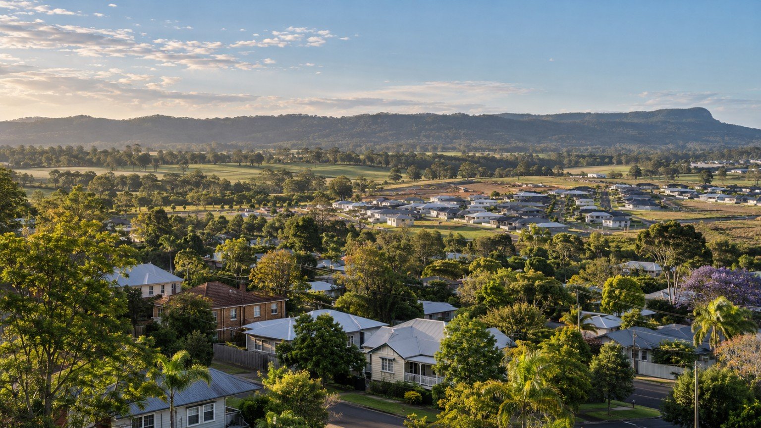 Ipswich-region landscape mixing heritage homes, newer estates and open green ridgelines