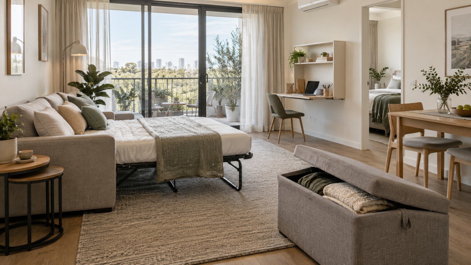 Small apartment living area with a sofa bed, storage ottoman and folding table