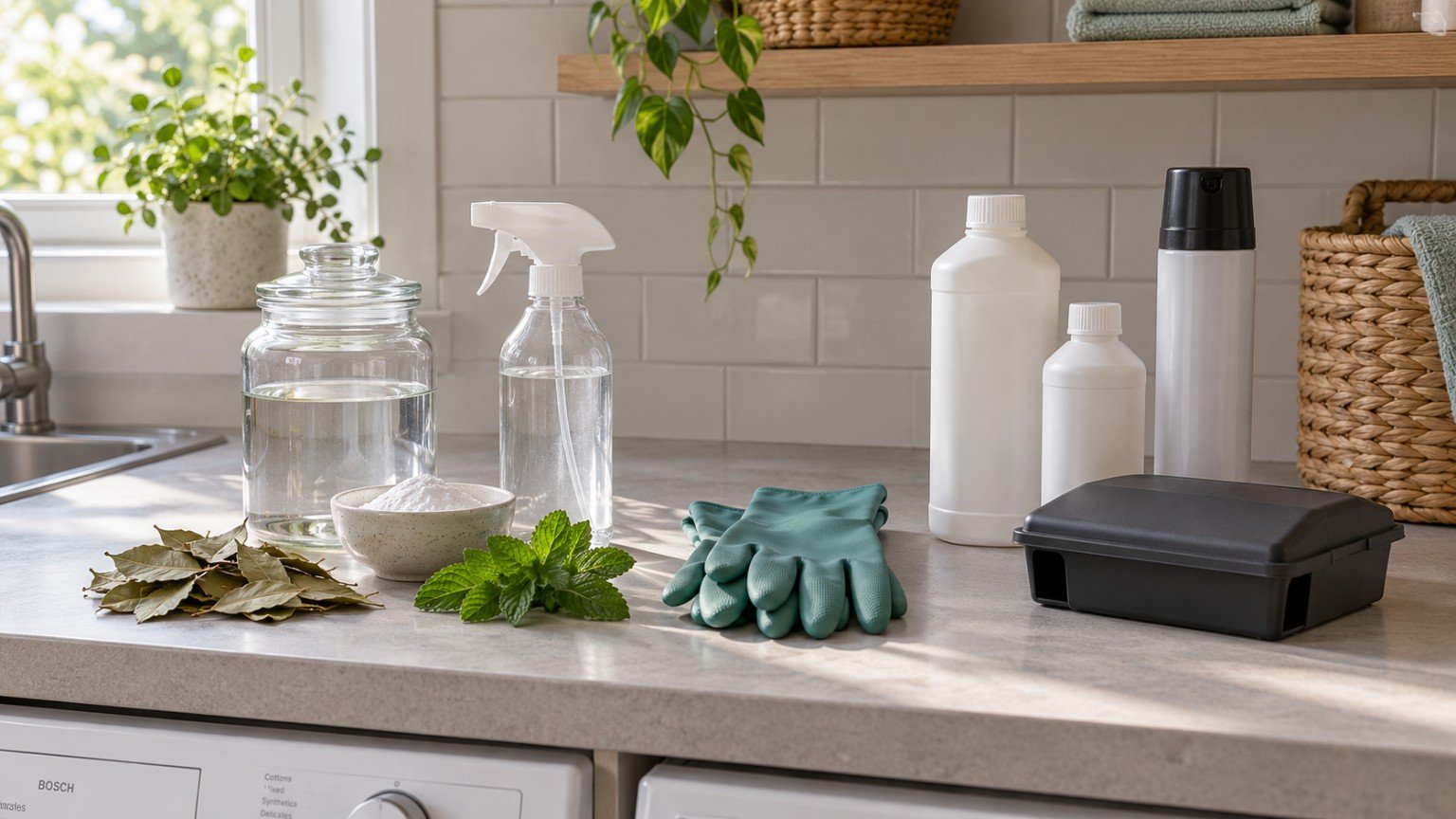 Natural and conventional pest control products side by side on a laundry shelf