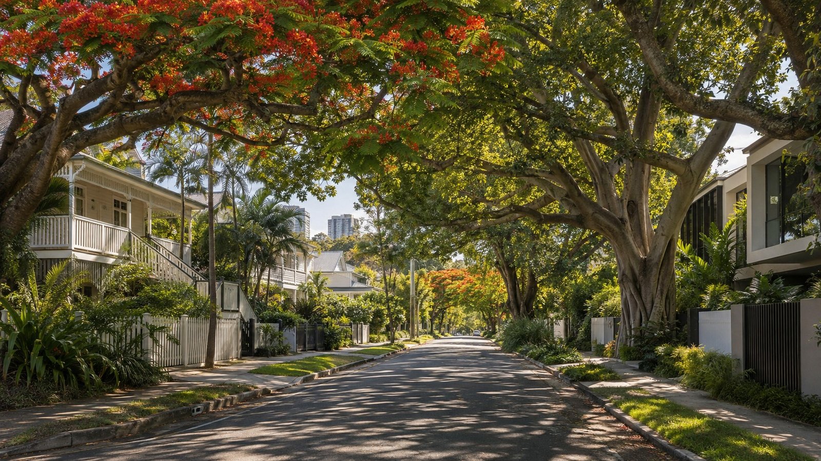 Leafy inner-city Brisbane street with character Queenslander homes and mature shade trees