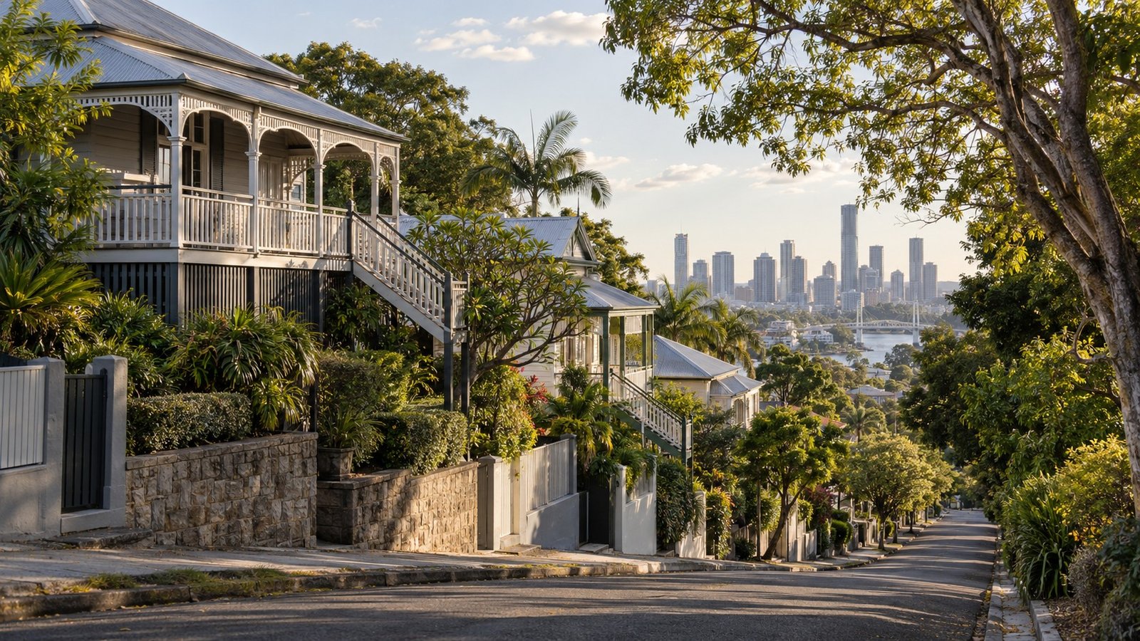 Sloping leafy street of traditional Queenslander homes in inner-west Brisbane