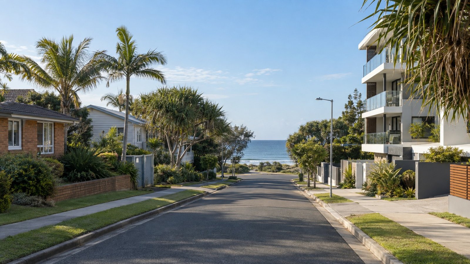 Relaxed Gold Coast beachside street with established homes and low-rise apartments among coastal greenery