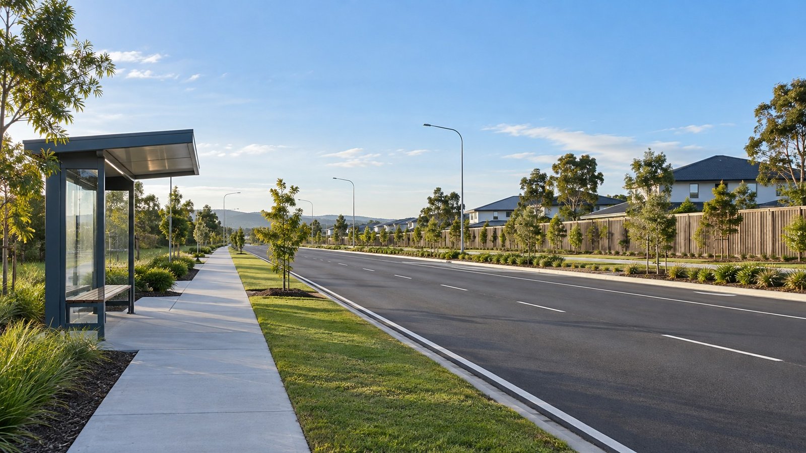 Wide suburban arterial road with bus stop and new footpaths