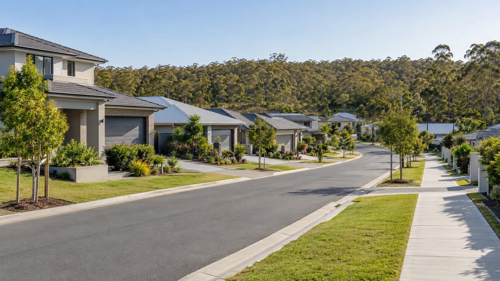 Newer detached homes on a landscaped street backing onto bushland in outer southern Brisbane