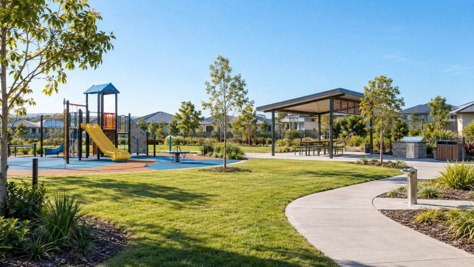 Local park with playground and shaded picnic areas in an Ipswich-corridor suburb