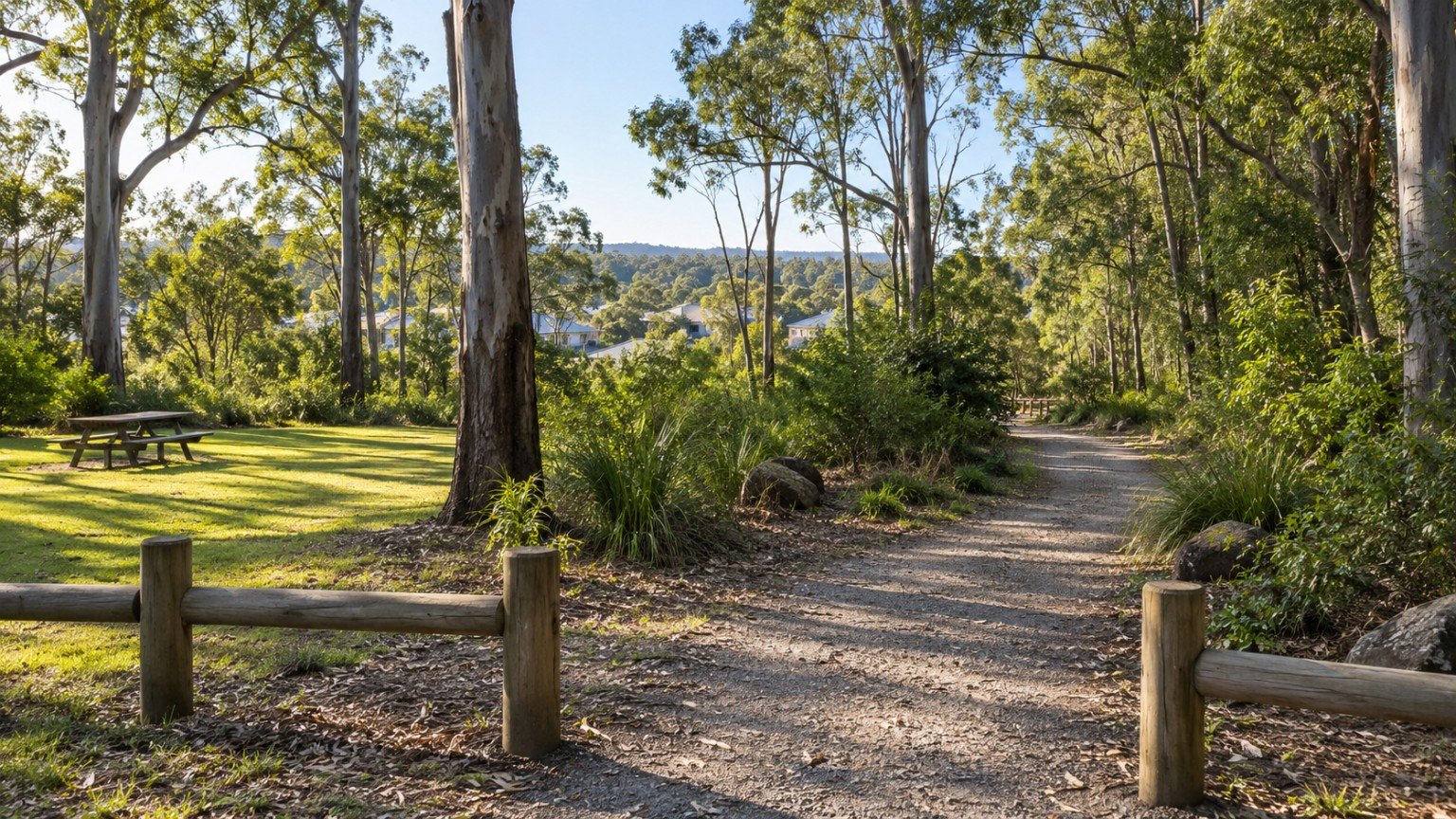 Local reserve with walking paths and native trees in an Ipswich suburb
