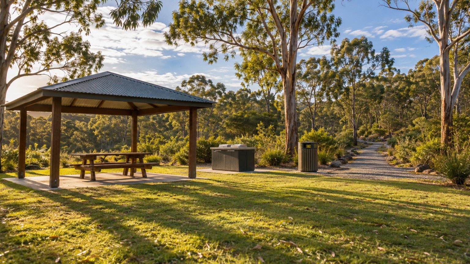 Bushland-edge park with picnic shelters in an outer Logan suburb