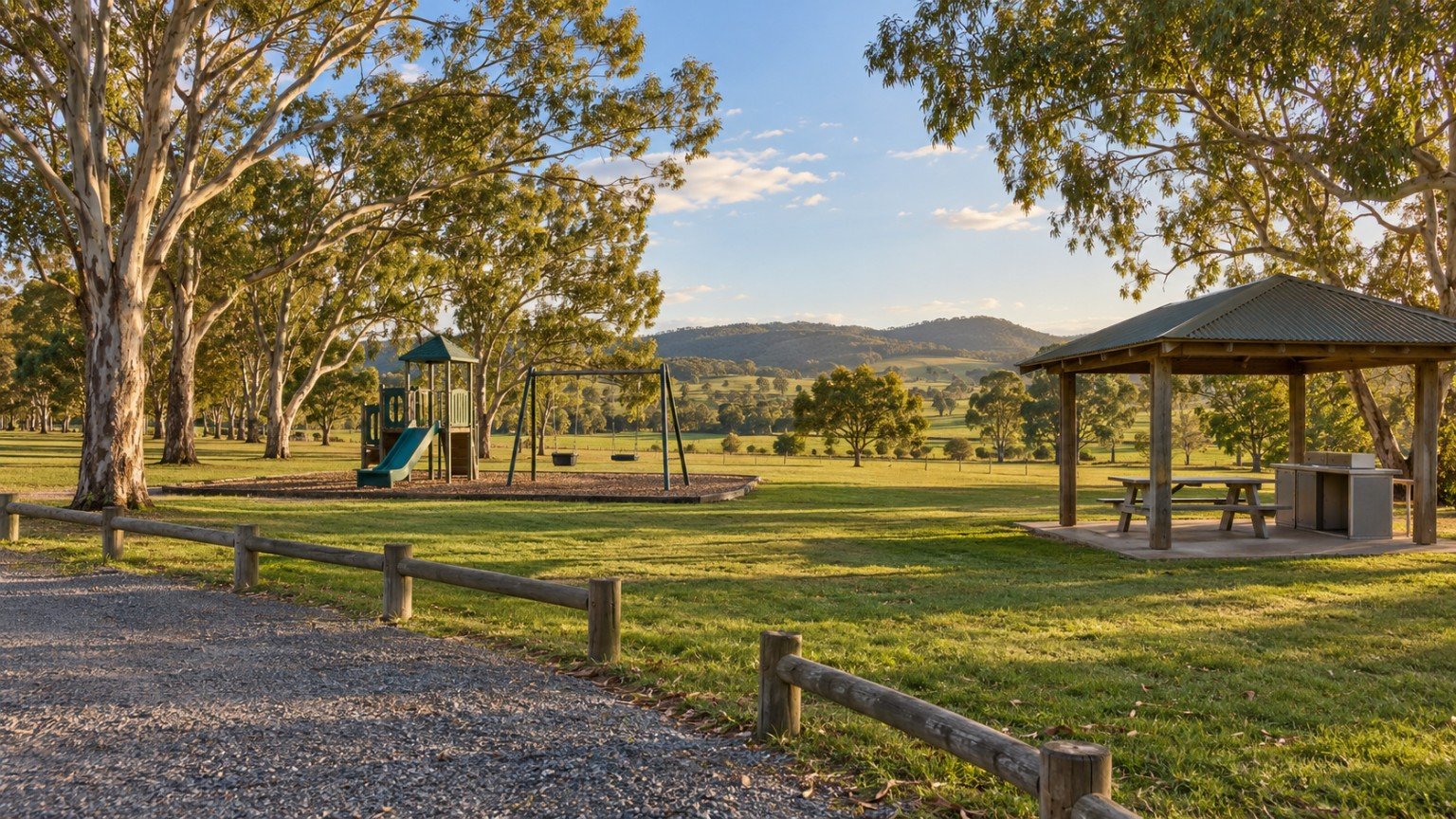 Country-town park with playground and picnic shelters in the Logan hinterland