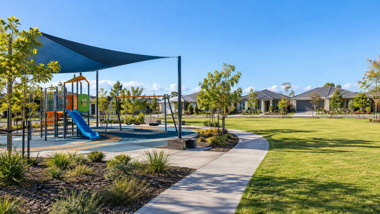 Neighbourhood park with playground and open lawn in a growing Logan suburb
