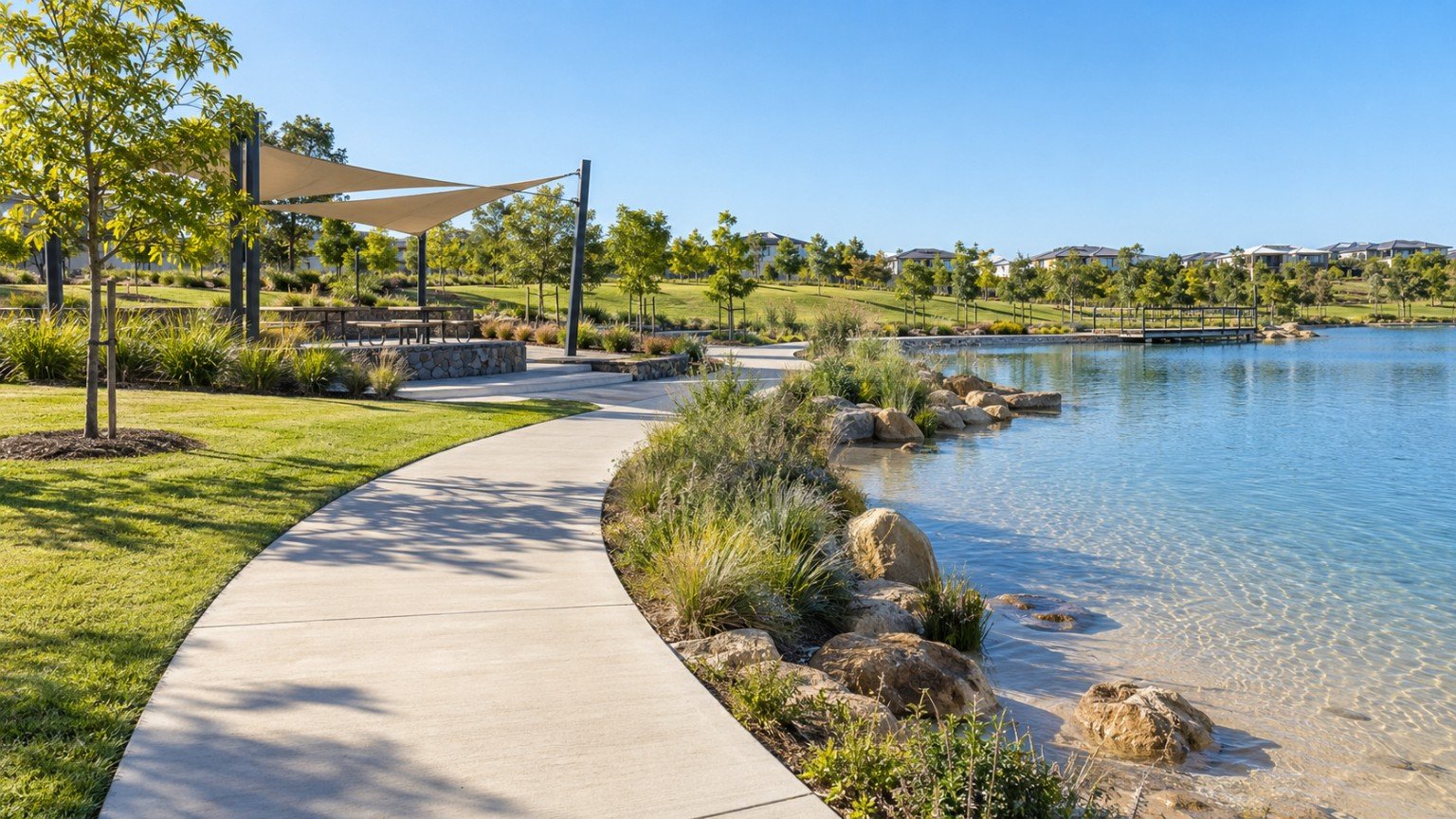 Large contemporary parkland with lawns, water play area and shaded seating in a planned Queensland community
