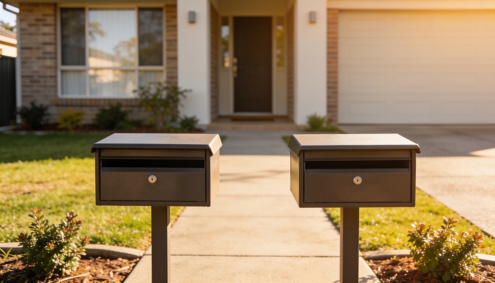 Two matching letterboxes side by side at the end of a Queensland home driveway, symbolising joint property ownership