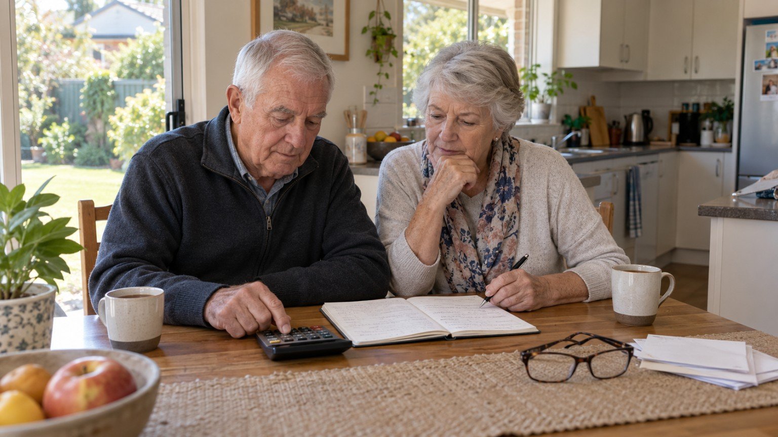 Older couple reviewing household budget papers at a kitchen table in an Australian home