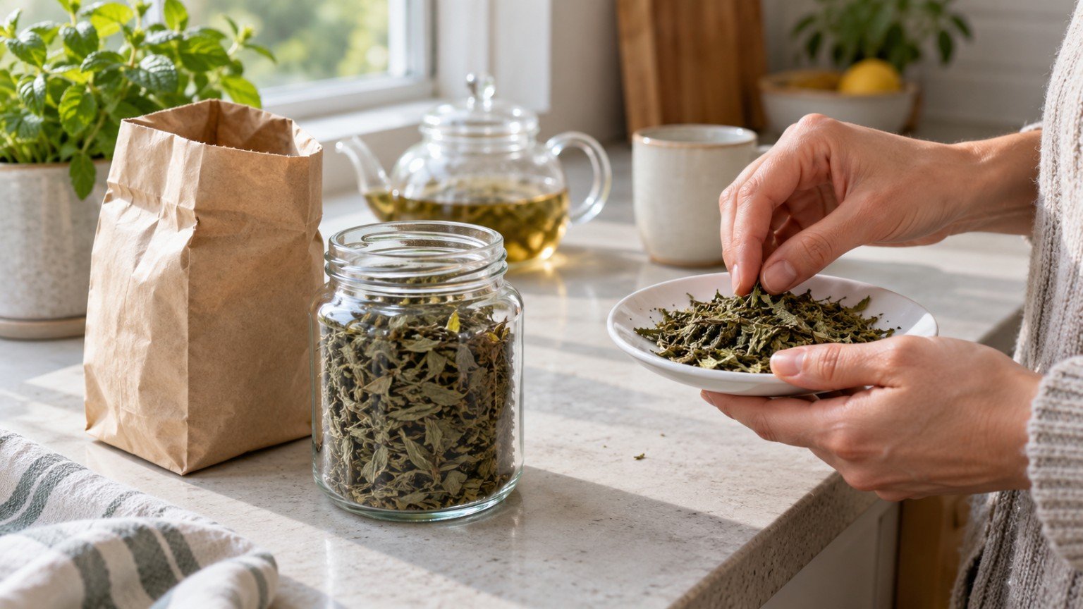 Dried peppermint leaves in a plain jar on a kitchen bench being checked by hand
