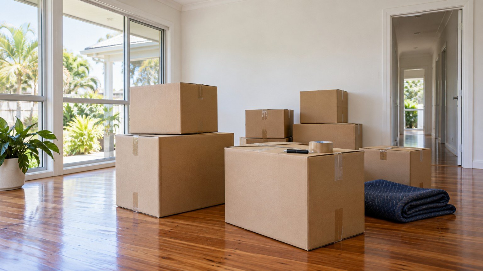 Packed moving boxes and labelled cartons in the empty living room of a Queensland home