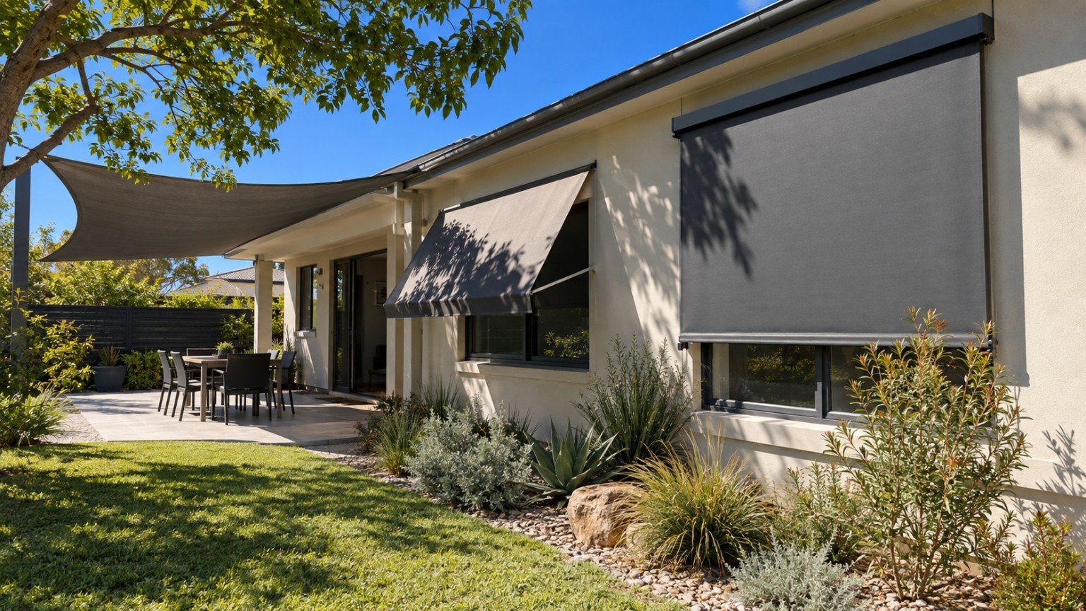 External window awnings and blinds shading a house in summer