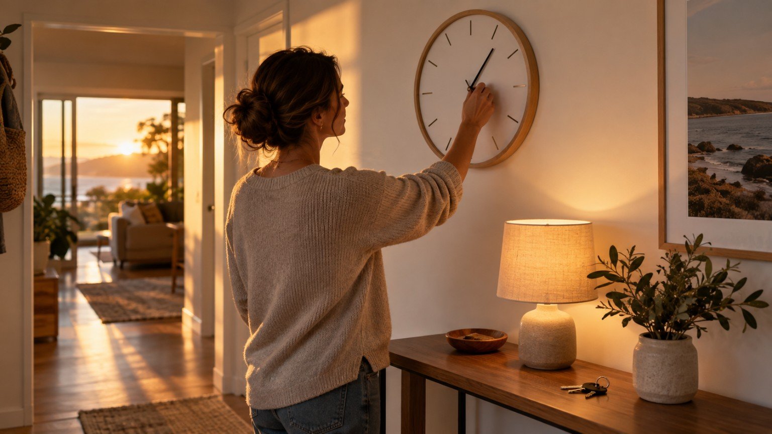 Hand adjusting an analogue wall clock in a home in the morning light