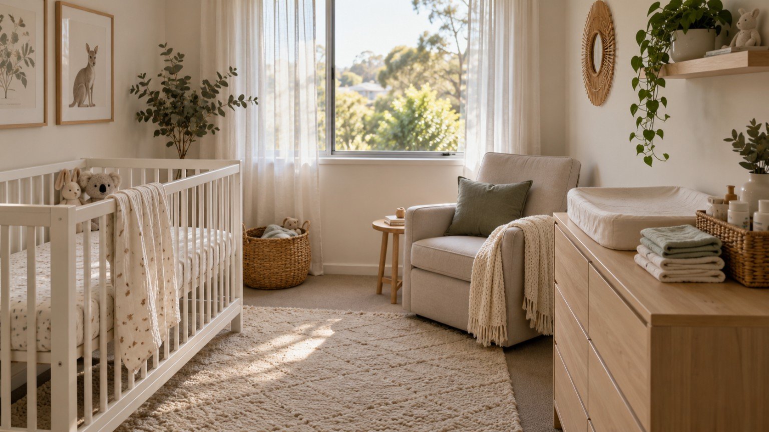 Neutral nursery with a cot, drawers and soft natural light