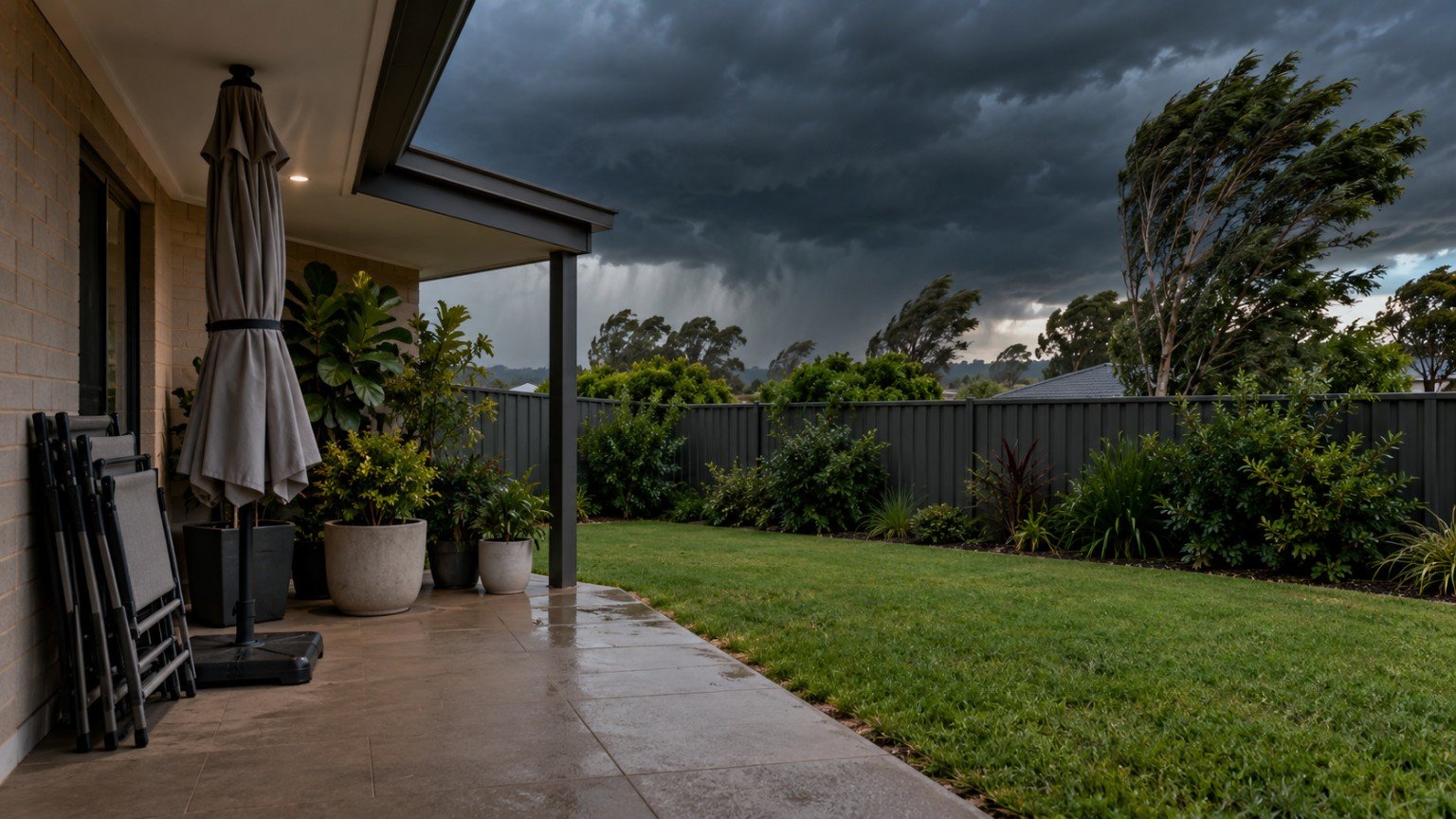 Outdoor furniture being secured in a backyard as storm clouds approach