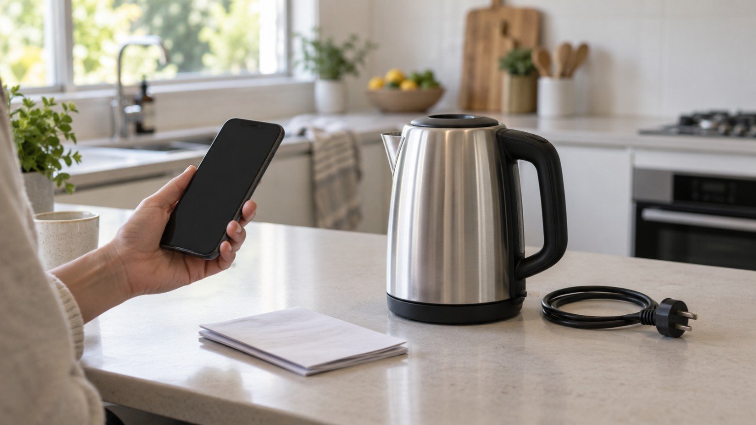 Small kitchen appliance unplugged on a bench with a phone being used to check details
