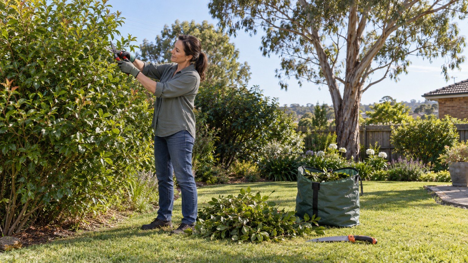 Pruning a garden shrub with secateurs at shoulder height