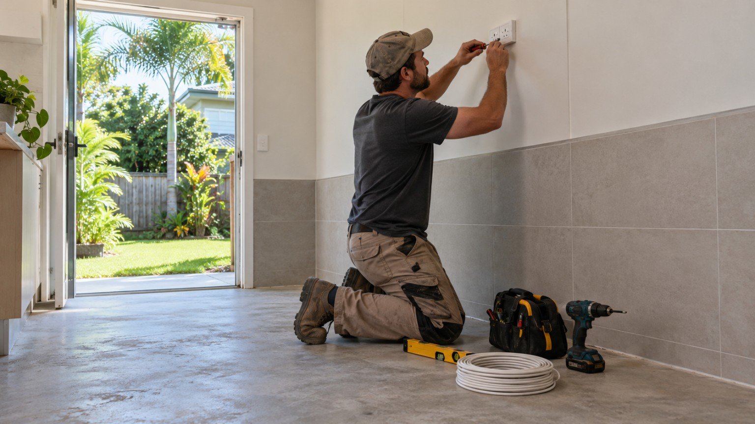 Tradesperson fitting a raised power point during flood-resilience upgrades to a Queensland home