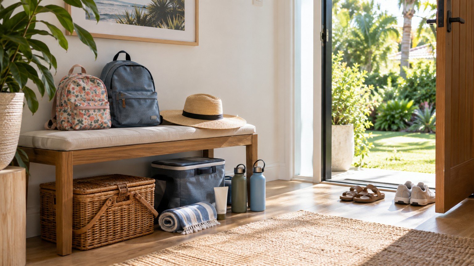 Family day-out gear packed by the front door of a Queensland home for the school holidays